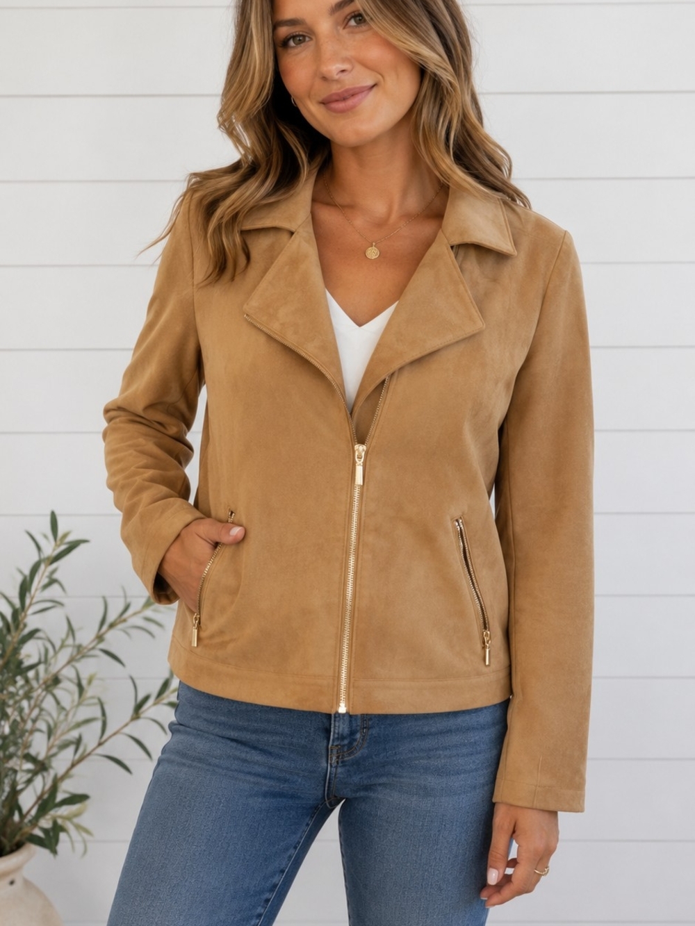 Chico's Camel Suede Zip-Front Moto Jacket